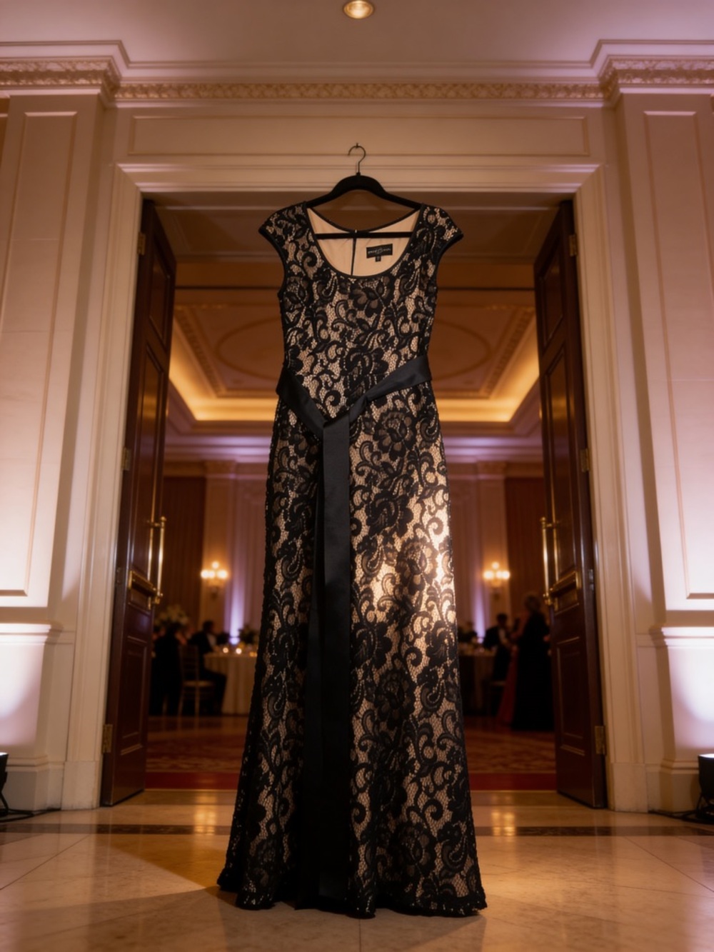 Betsy & Adam Black Lace Maxi Gown with Nude Underlay